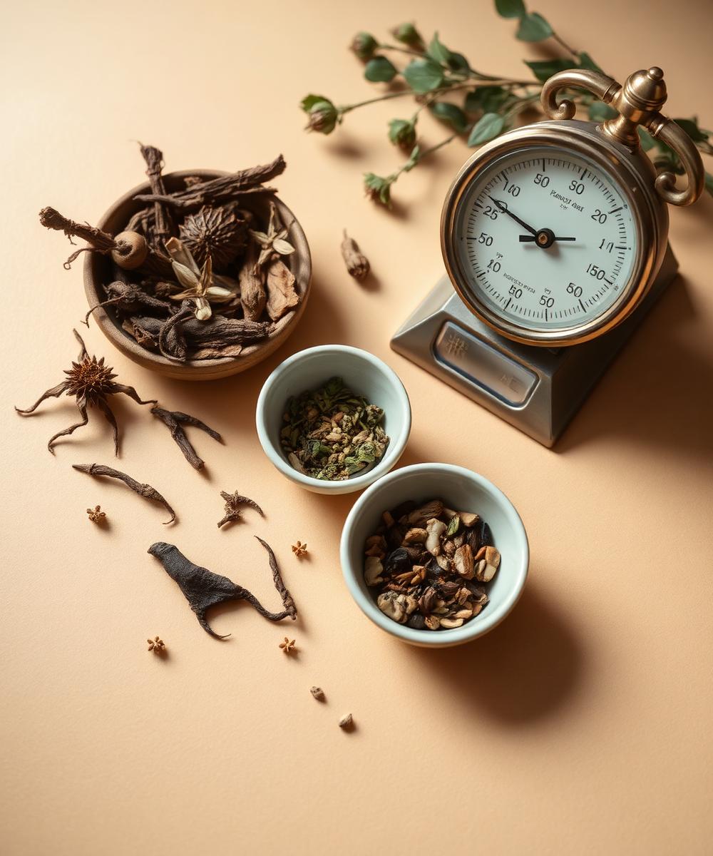 Plantas medicinales chinas y raíces secas dispuestas en cuencos junto a una balanza